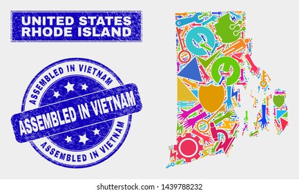 Mosaic service Rhode Island State map and Assembled in Vietnam seal stamp. Rhode Island State map collage created with randomized colorful equipment, hands, service items.