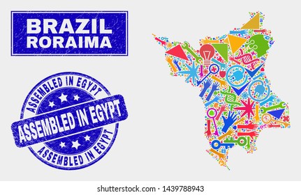 Mosaic service Roraima State map and Assembled in Egypt seal stamp. Roraima State map collage constructed with random colored equipment, palms, production items.