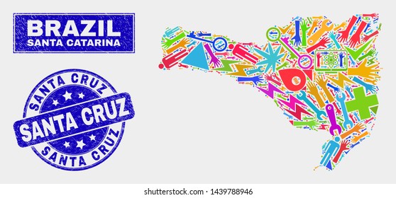 Mosaic service Santa Catarina State map and Santa Cruz stamp. Santa Catarina State map collage formed with random colorful equipment, hands, service icons.