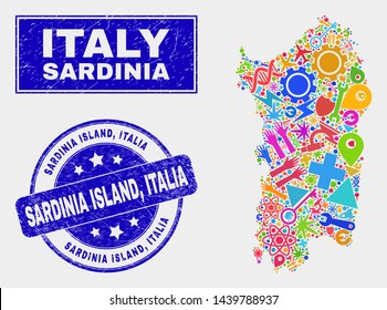 Mosaic service Sardinia map and Sardinia Island, Italia seal stamp. Sardinia map collage formed with randomized colorful equipment, hands, service items. Blue round Sardinia Island,