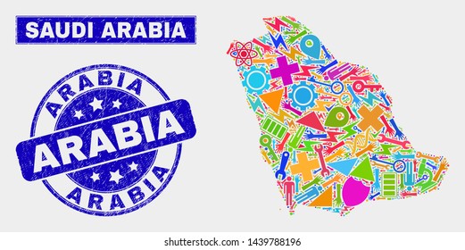 Mosaic service Saudi Arabia map and Arabia seal stamp. Saudi Arabia map collage composed with randomized bright equipment, hands, production icons. Blue rounded Arabia seal stamp with grunge texture.