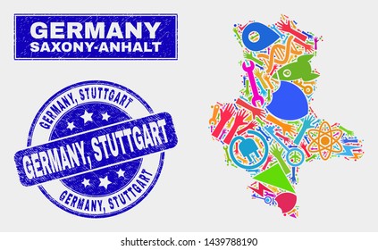 Mosaic service Saxony-Anhalt Land map and Germany, Stuttgart seal. Saxony-Anhalt Land map collage created with random bright equipment, hands, security elements. Blue rounded Germany,