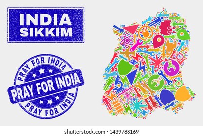 Mosaic service Sikkim State map and Pray for India seal. Sikkim State map collage designed with random bright tools, palms, security icons. Blue round Pray for India seal with scratched texture.