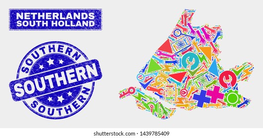 Mosaic service South Holland map and Southern seal stamp. South Holland map collage created with random bright equipment, hands, production symbols.