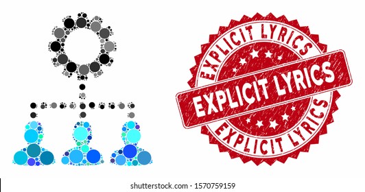 Mosaic service staff and corroded stamp seal with Explicit Lyrics caption. Mosaic vector is created with service staff icon and with randomized circle items. Explicit Lyrics stamp seal uses red color,