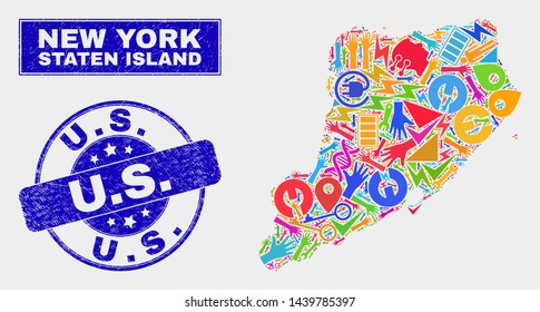 Mosaic service Staten Island map and U.S. seal. Staten Island map collage constructed with scattered colored equipment, palms, service icons. Blue round U.S. seal with scratched texture.