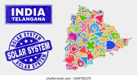 Mosaic service Telangana State map and Solar System seal stamp. Telangana State map collage created with randomized colorful equipment, palms, service items.