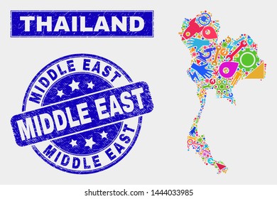 Mosaic service Thailand map and Middle East stamp. Thailand map collage designed with scattered colored tools, hands, industry icons. Blue round Middle East seal stamp with dirty texture.