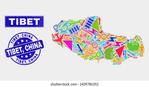 Mosaic service Tibet map and Tibet, China seal. Tibet map collage made with random bright equipment, hands, security items. Blue rounded Tibet, China seal stamp with unclean texture.
