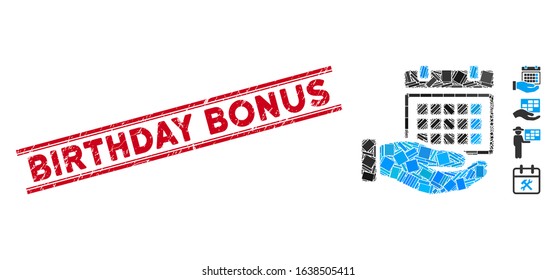 Mosaic service timetable icon and red Birthday Bonus seal between double parallel lines. Flat vector service timetable mosaic icon of scattered rotated rectangular items.