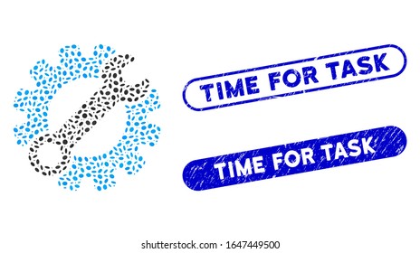 Mosaic service tools and corroded stamp seals with Time for Task caption. Mosaic vector service tools is formed with scattered oval parts. Time for Task stamp seals use blue color,