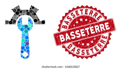 Mosaic service tools and distressed stamp seal with Basseterre phrase. Mosaic vector is created with service tools icon and with randomized round elements. Basseterre stamp uses red color,