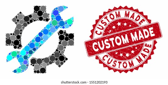 Mosaic service tools and grunge stamp watermark with Custom Made phrase. Mosaic vector is composed with service tools icon and with random spheric spots. Custom Made stamp uses red color,