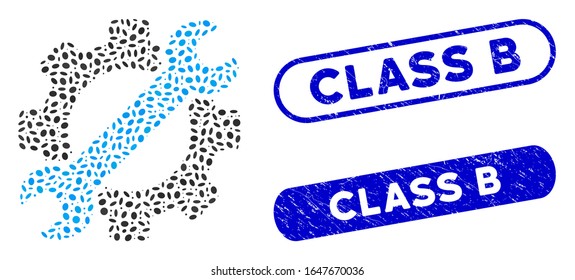 Mosaic service tools and grunge stamp seals with Class B text. Mosaic vector service tools is created with random ellipse parts. Class B stamp seals use blue color, and have round rectangle shape.