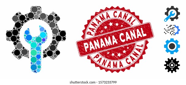 Mosaic service tools icon and corroded stamp seal with Panama Canal caption. Mosaic vector is formed from service tools icon and with scattered circle elements. Panama Canal stamp seal uses red color,