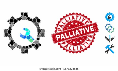 Mosaic service tools icon and corroded stamp seal with Palliative text. Mosaic vector is composed with service tools pictogram and with randomized spheric spots. Palliative stamp seal uses red color,