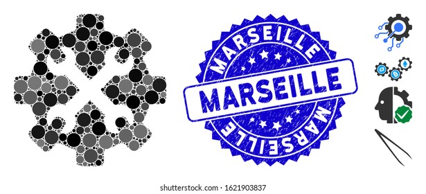 Mosaic service tools icon and grunge stamp seal with Marseille caption. Mosaic vector is formed from service tools icon and with scattered round spots. Marseille seal uses blue color,