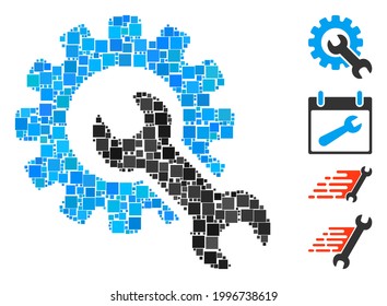 Mosaic Service tools icon organized from square elements in variable sizes and color hues. Vector square elements are combined into abstract mosaic service tools icon. Bonus pictograms are placed.