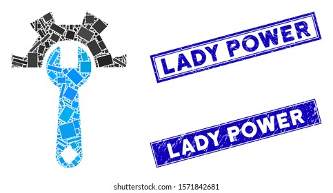 Mosaic service tools icon and rectangle Lady Power rubber prints. Flat vector service tools mosaic pictogram of random rotated rectangle elements. Blue Lady Power rubber seals with rubber surface.