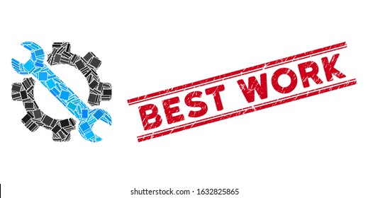 Mosaic service tools icon and red Best Work rubber print between double parallel lines. Flat vector service tools mosaic icon of random rotated rectangle elements.