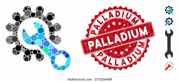 Mosaic service tools icon and rubber stamp seal with Palladium text. Mosaic vector is composed with service tools pictogram and with randomized round elements. Palladium seal uses red color,