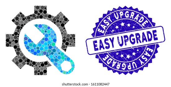 Mosaic service tools icon and rubber stamp seal with Easy Upgrade caption. Mosaic vector is designed with service tools pictogram and with randomized round spots. Easy Upgrade seal uses blue color,