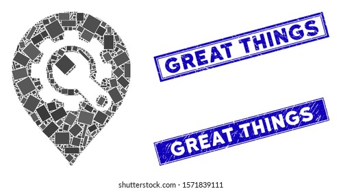 Mosaic service tools map marker icon and rectangle Great Things watermarks. Flat vector service tools map marker mosaic icon of scattered rotated rectangle elements.