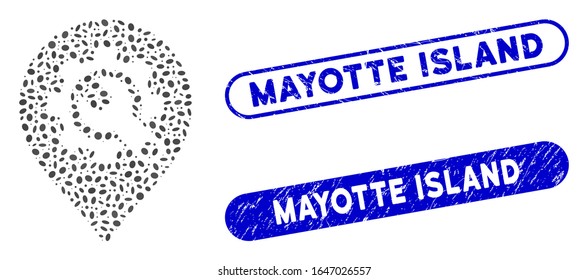 Mosaic service tools map marker and grunge stamp seals with Mayotte Island caption. Mosaic vector service tools map marker is formed with random elliptic dots.
