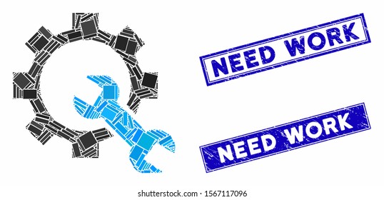 Mosaic service tools pictogram and rectangular watermarks. Flat vector service tools mosaic pictogram of scattered rotated rectangular items. Blue caption rubber stamps with rubber textures.