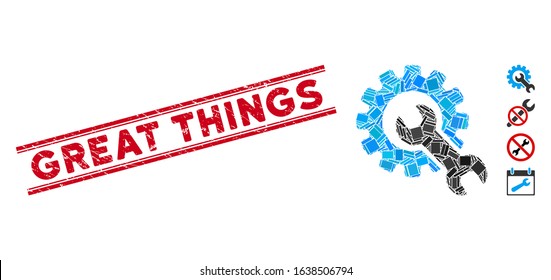 Mosaic service tools pictogram and red Great Things rubber print between double parallel lines. Flat vector service tools mosaic pictogram of scattered rotated rectangular items.