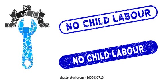 Mosaic service tools and rubber stamp watermarks with No Child Labour text. Mosaic vector service tools is designed with random rectangle items. No Child Labour stamp seals use blue color,