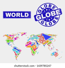 Mosaic service world map and Globe stamp. World map collage designed with random colorful tools, hands, production icons. Blue round Globe stamp with unclean texture.