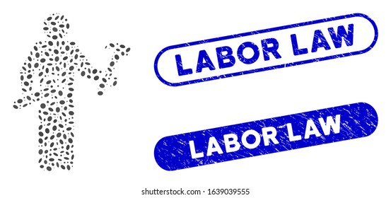 Mosaic serviceman and distressed stamp seals with Labor Law caption. Mosaic vector serviceman is created with random elliptic items. Labor Law stamp seals use blue color,
