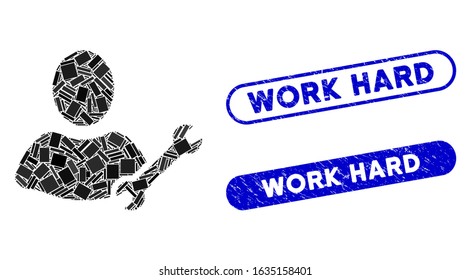 Mosaic serviceman and distressed stamp watermarks with Work Hard text. Mosaic vector serviceman is created with randomized rectangle items. Work Hard stamp seals use blue color,