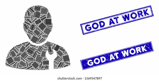 Mosaic serviceman icon and rectangle rubber prints. Flat vector serviceman mosaic icon of randomized rotated rectangular items. Blue caption rubber seals with dirty textures.