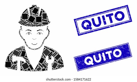 Mosaic serviceman pictogram and rectangle Quito seal stamps. Flat vector serviceman mosaic icon of random rotated rectangle items. Blue Quito seal stamps with grunged texture.