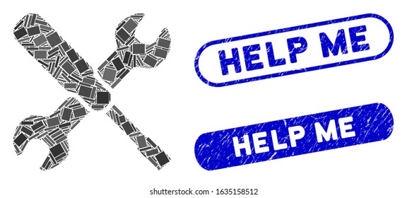 Mosaic settings options and grunge stamp seals with Help Me caption. Mosaic vector settings options is formed with random rectangles. Help Me stamp seals use blue color,