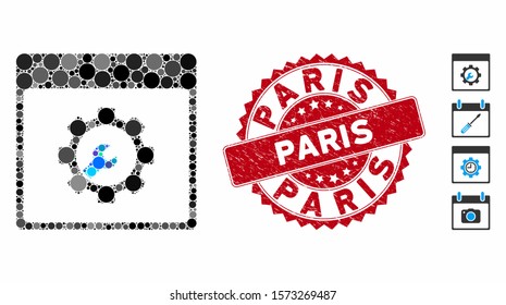 Mosaic setup tools calendar page icon and distressed stamp seal with Paris text. Mosaic vector is created with setup tools calendar page icon and with random circle spots.