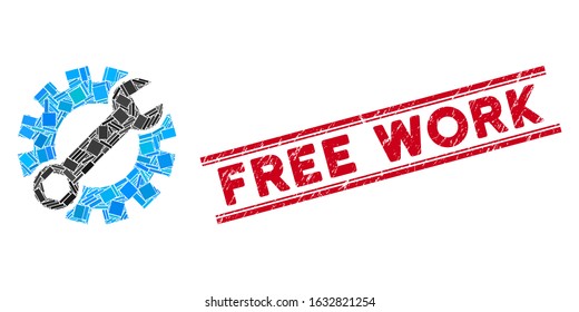 Mosaic setup tools icon and red Free Work seal stamp between double parallel lines. Flat vector setup tools mosaic icon of random rotated rectangular items. Red Free Work seal with scratched texture.