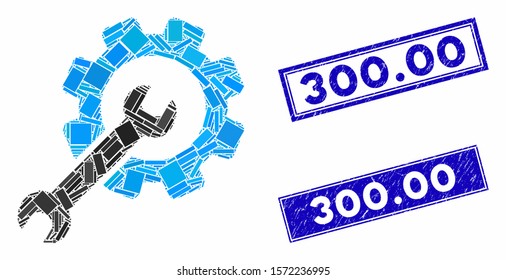 Mosaic setup tools pictogram and rectangle 300.00 rubber prints. Flat vector setup tools mosaic pictogram of scattered rotated rectangle elements. Blue 300.00 rubber seals with dirty surface.