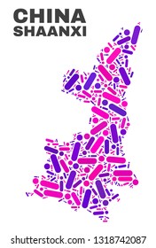 Mosaic Shaanxi Province map isolated on a white background. Vector geographic abstraction in pink and violet colors. Mosaic of Shaanxi Province map combined of scattered round points and lines.