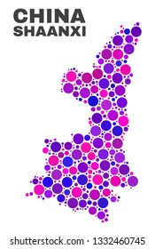 Mosaic Shaanxi Province map isolated on a white background. Vector geographic abstraction in pink and violet colors. Mosaic of Shaanxi Province map combined of scattered spheric dots.