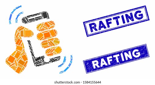Mosaic shake smartphone icon and rectangle Rafting seal stamps. Flat vector shake smartphone mosaic icon of random rotated rectangle items. Blue Rafting rubber stamps with scratched texture.
