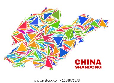 Mosaic Shandong Province map of triangles in bright colors isolated on a white background. Triangular collage in shape of Shandong Province map. Abstract design for patriotic purposes.