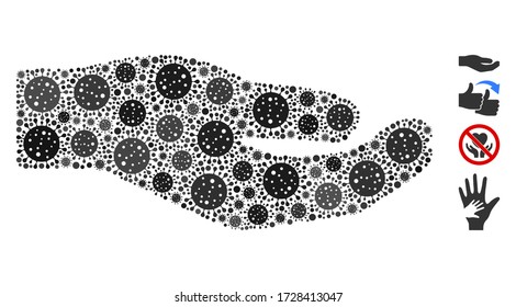 El mosaico comparte la mano compuesta por iconos del virus del SARS en tamaños aleatorios y tonos de color. Las partes de infección vectorial se unen en un icono abstracto de la mano de la acción de mosaico. Se añaden algunos iconos adicionales.