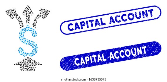 Mosaic share money and corroded stamp seals with Capital Account text. Mosaic vector share money is formed with random elliptic pieces. Capital Account stamp seals use blue color,