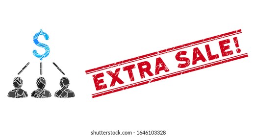 Icono de los accionistas mosaicos y sello rojo Extra Sale Exclamation entre líneas paralelas dobles. Icono de mosaico de los elementos rectangulares rotados dispersos para los accionistas de los vectores planos.