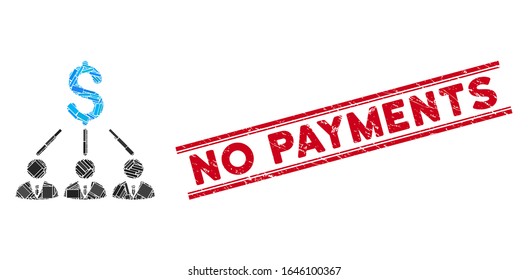 Mosaic shareholders icon and red No Payments rubber print between double parallel lines. Flat vector shareholders mosaic icon of randomized rotated rectangular items.