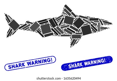 Mosaic shark and rubber stamp seals with Shark Warning! text. Mosaic vector shark is created with randomized rectangle items. Shark Warning! stamp seals use blue color, and have round rectangle shape.