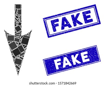 Mosaic sharp down arrow pictogram and rectangle Fake seals. Flat vector sharp down arrow mosaic pictogram of randomized rotated rectangle elements. Blue Fake seals with rubber surface.